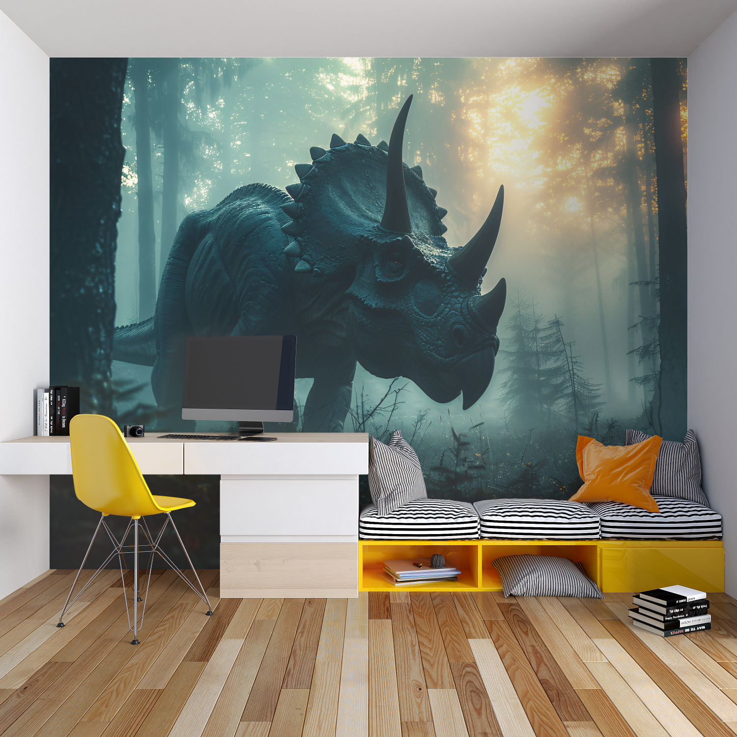 T-Rex wallpaper adding character to a modern child's reading nook