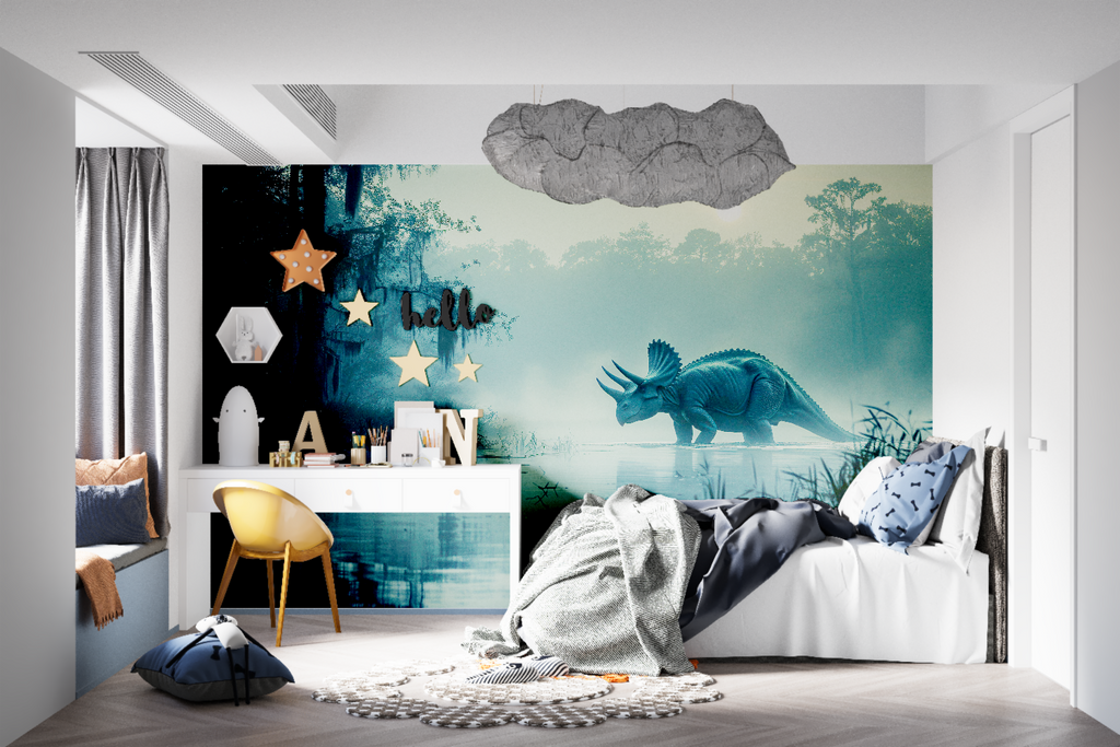 Prehistoric wall mural showcased in a bright playroom setting