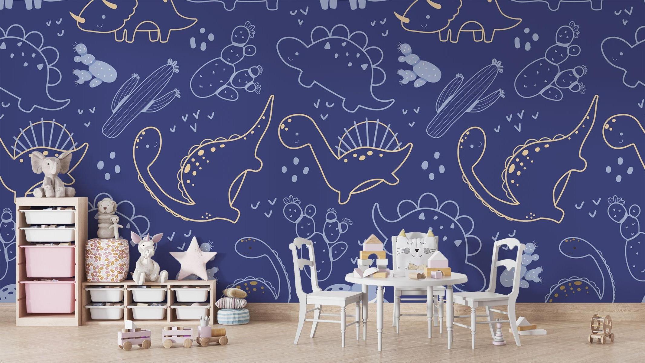 Modern kids room with navy blue dinosaur line art wallpaper