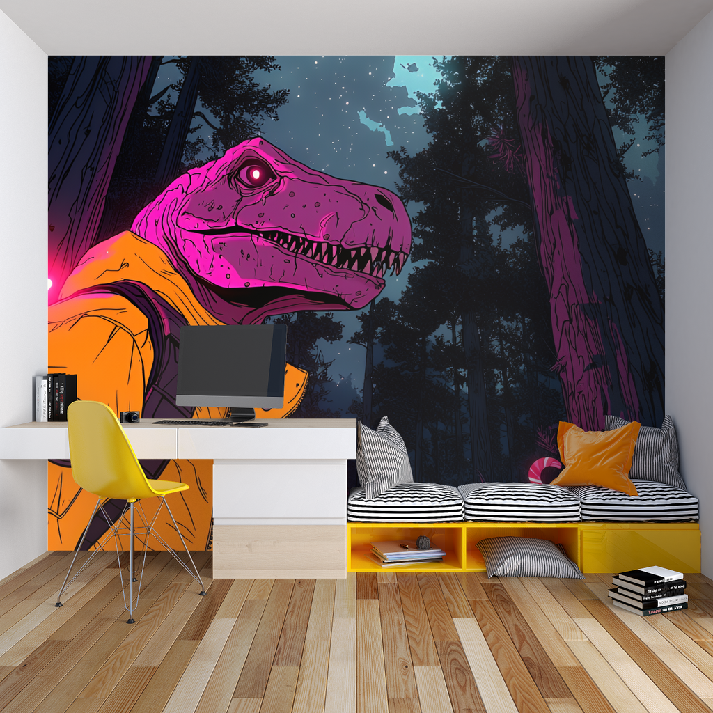 Modern T-Rex wall art transforming a study space with glowing night forest theme