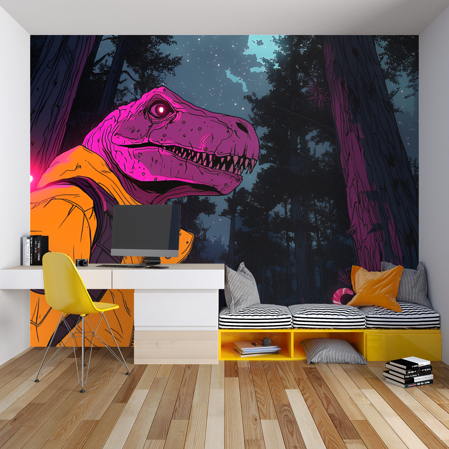 Modern T-Rex wall art transforming a study space with glowing night forest theme