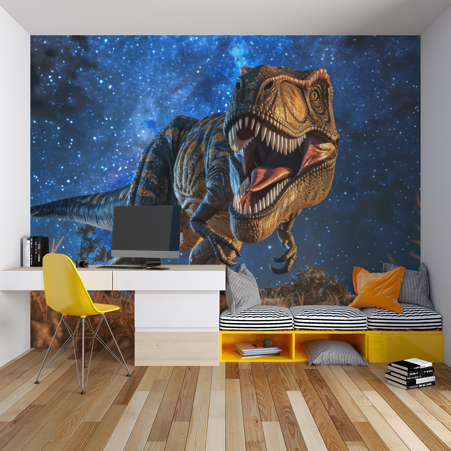 Dinosaur mural wallpaper creating cozy reading nook in child's bedroom