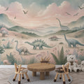 Dinosaur valley wallpaper in soft pastels creates a magical atmosphere in a modern nursery with natural light