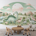 Pastel dinosaur wallpaper creating a dreamy atmosphere in a modern nursery with soft lighting and minimal furniture