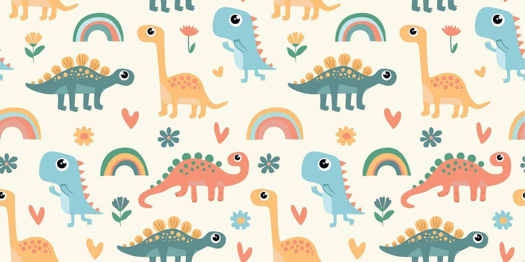 Design file showing full pattern of pastel dinosaurs and rainbow elements