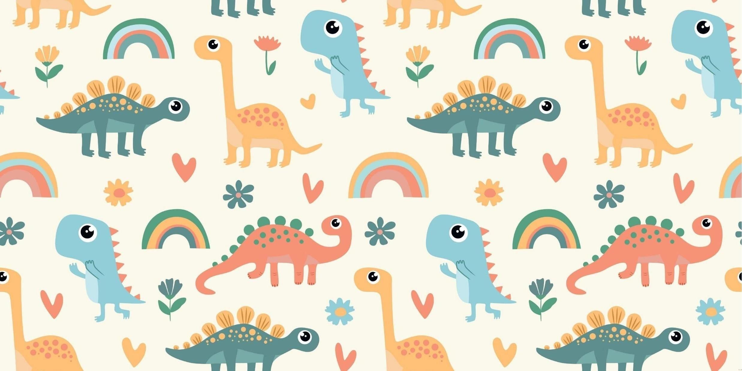 Design file showing full pattern of pastel dinosaurs and rainbow elements