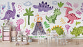 Dinosaur wall mural bringing joy to a modern nursery with soft watercolor doodles