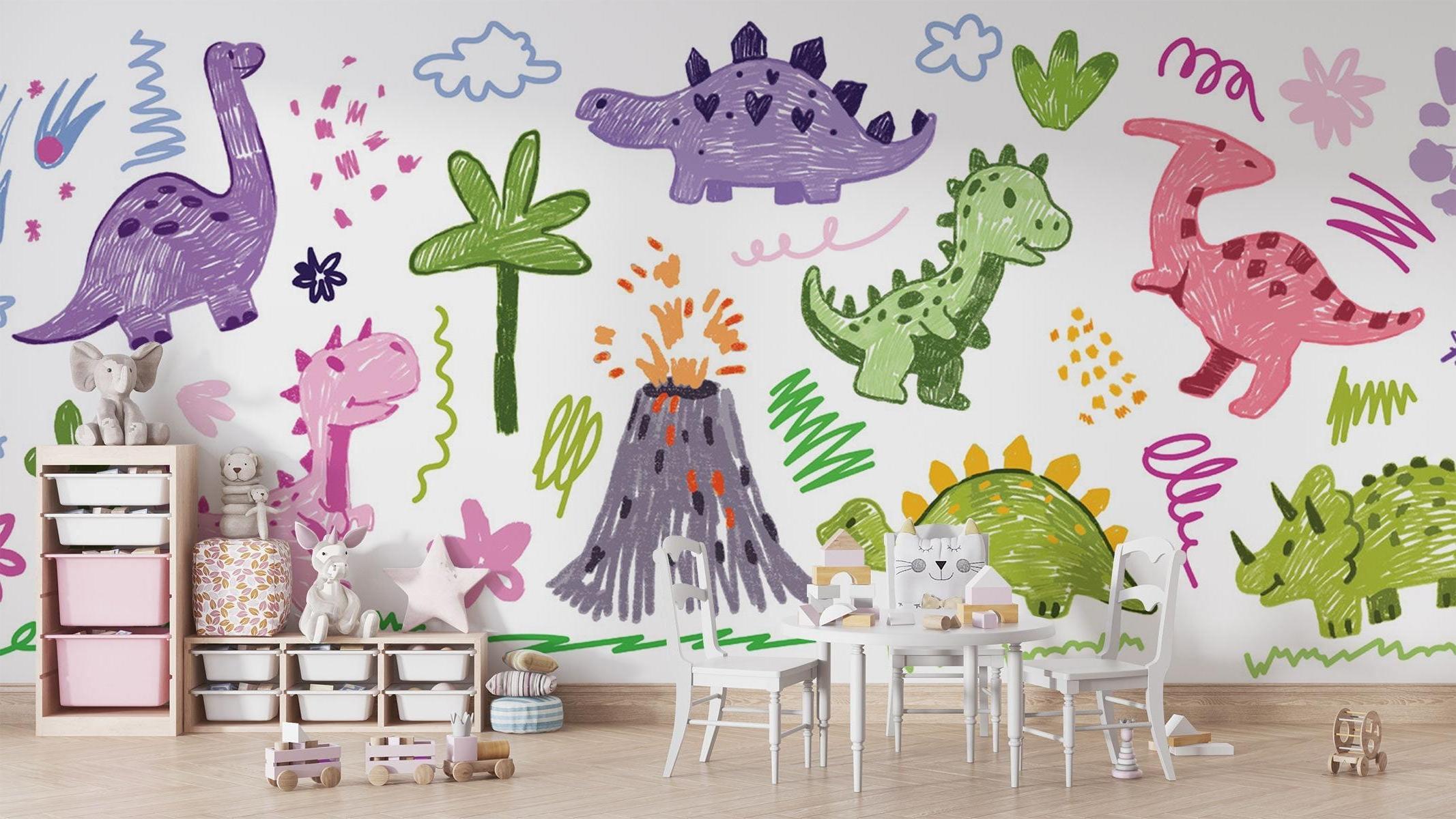 Dinosaur wall mural bringing joy to a modern nursery with soft watercolor doodles