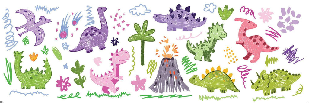 Design file showing full dinosaur pattern with watercolor volcano and doodles