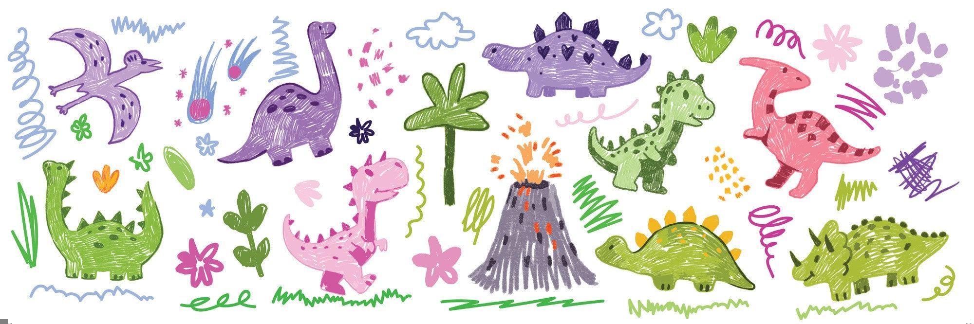 Design file showing full dinosaur pattern with watercolor volcano and doodles