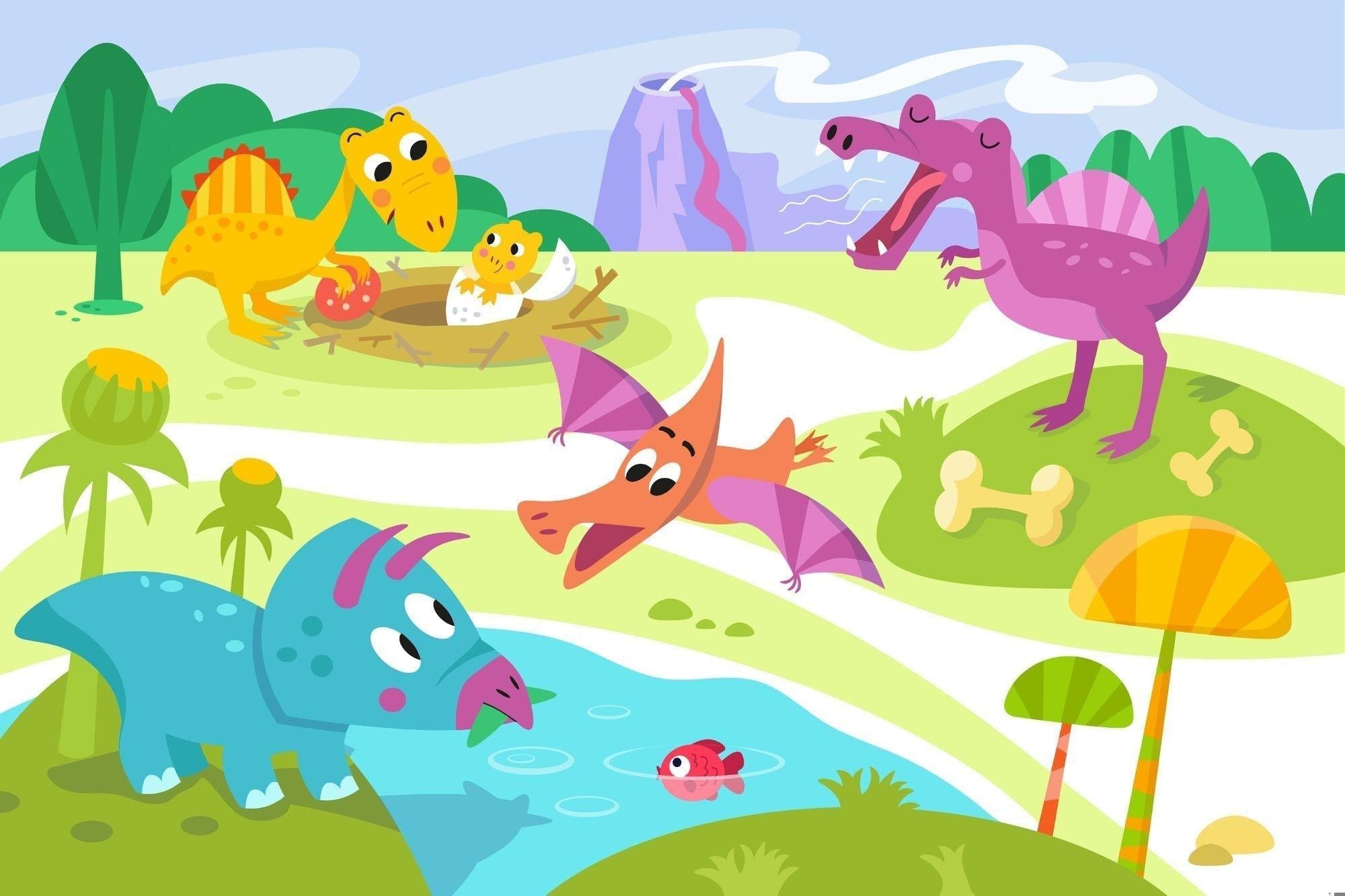 Design file of cartoon dinosaur wallpaper with purple T-Rex and volcano