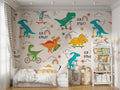 Dinosaur sports wallpaper bringing life to a modern playroom with skating dinos and cheerful rainbows