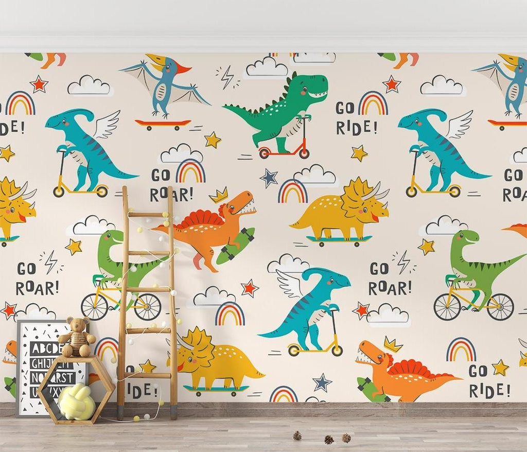 Kids bedroom featuring colorful dinosaur wallpaper with sporty theme and rainbow accents