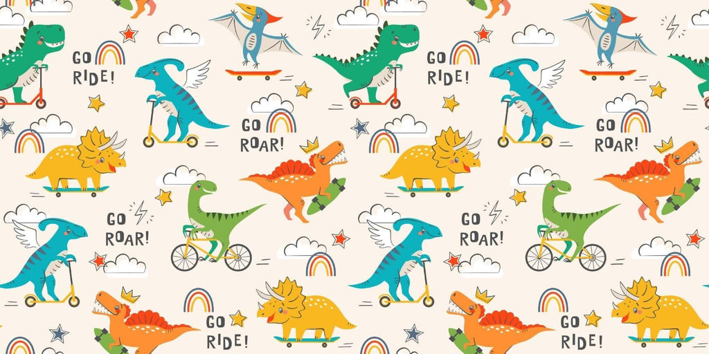 Design file of playful dinosaur wallpaper pattern with sports theme and rainbow details