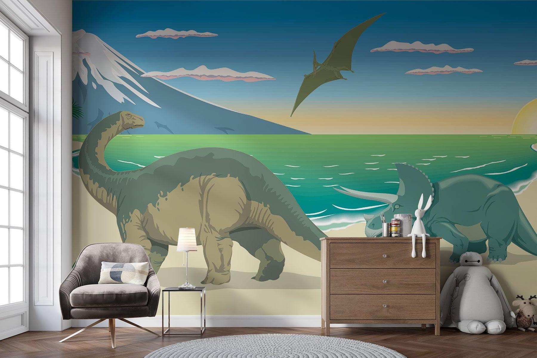 Kids room with dinosaur beach wallpaper showing Triceratops and ocean view