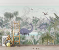 Dinosaur wall mural bringing prehistoric charm to a modern kids bedroom with soft lighting