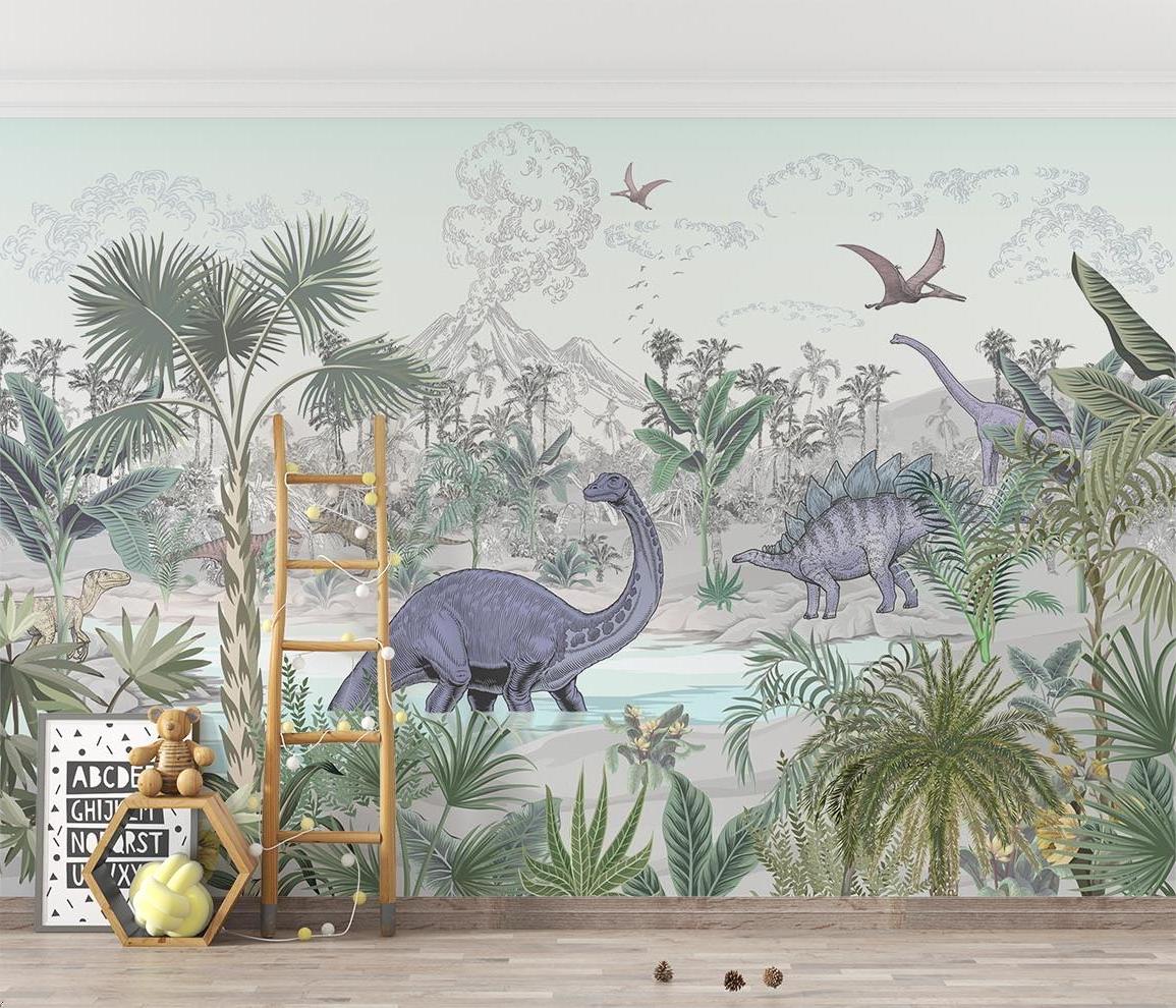 Dinosaur wall mural bringing prehistoric charm to a modern kids bedroom with soft lighting