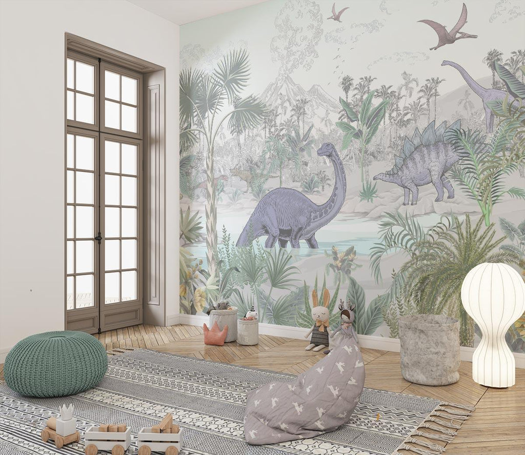 Prehistoric jungle wallpaper creating a cozy reading nook in a playroom