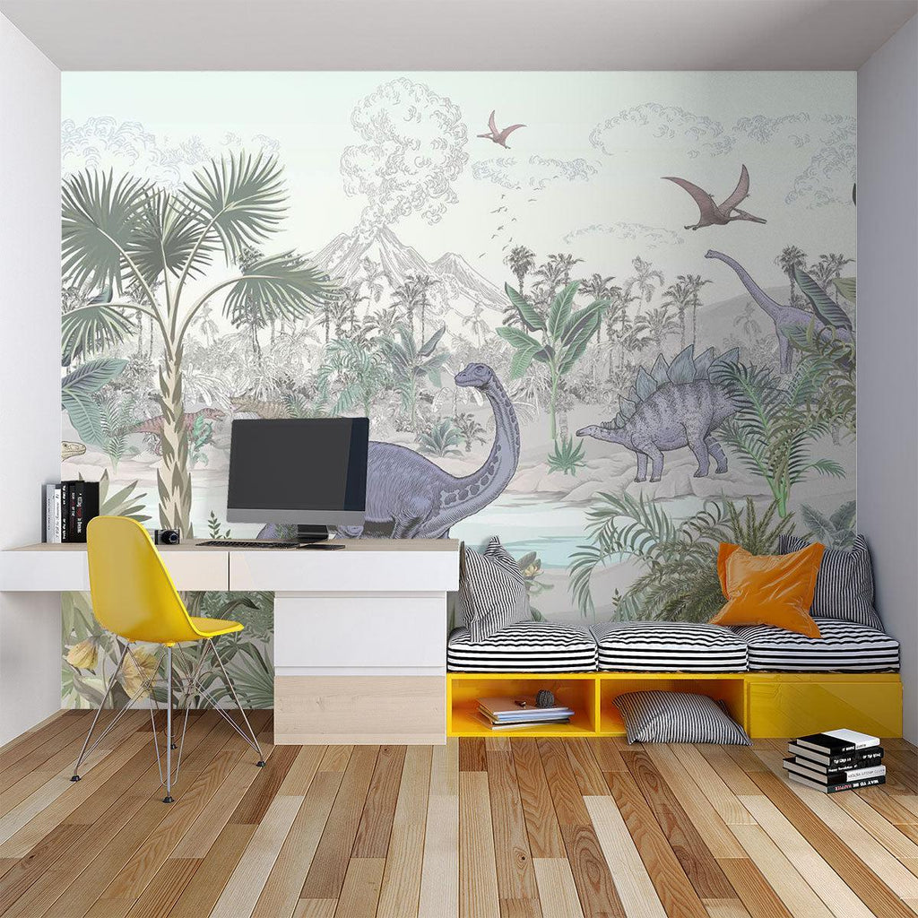 Dinosaur mural wallpaper in a nursery with minimal modern furniture