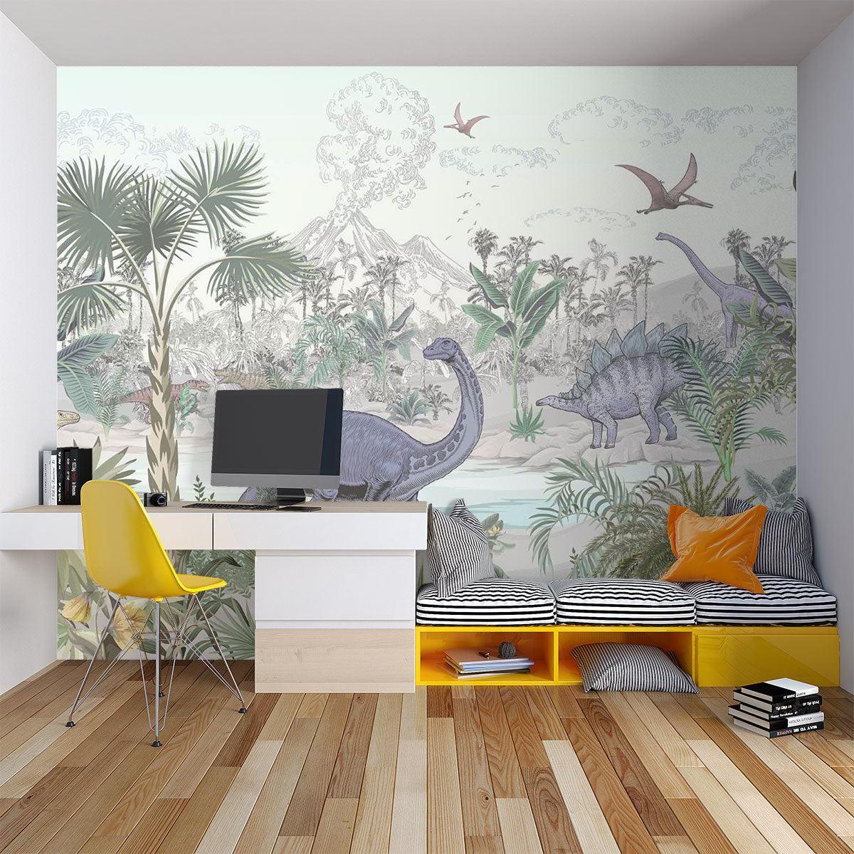 Dinosaur mural wallpaper in a nursery with minimal modern furniture