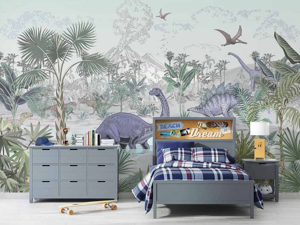 Gentle dinosaur scene wallpaper making a statement in a child's study area