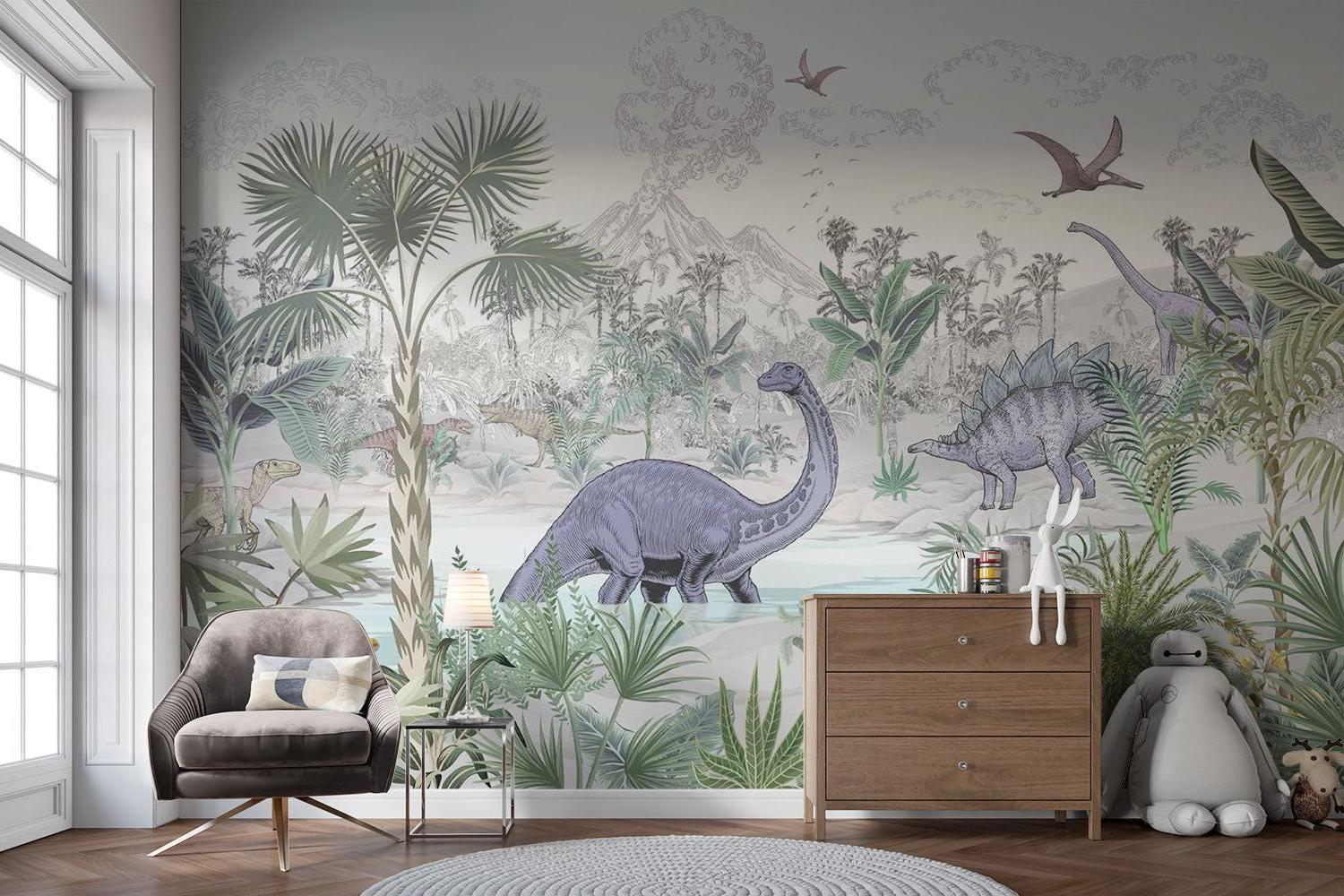 Prehistoric wallpaper transforming a plain white playroom into a jungle paradise