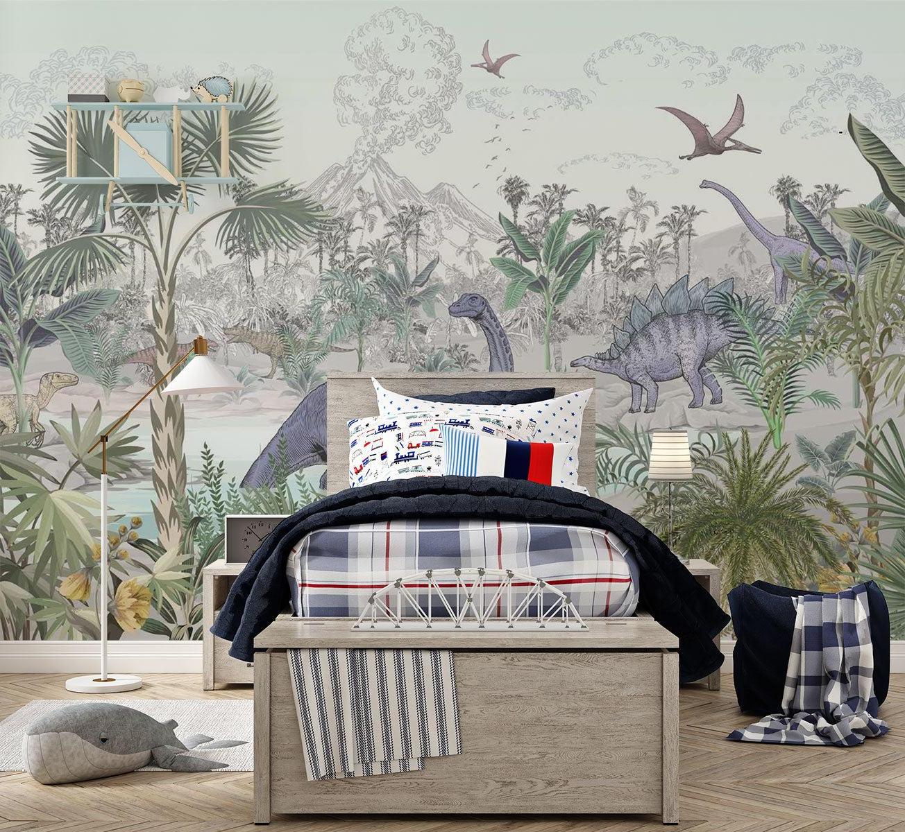 Dinosaur mural adding depth to a small bedroom with natural lighting
