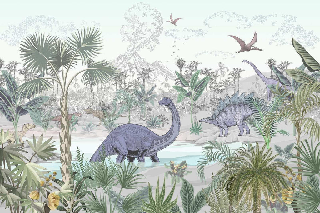 Dinosaur wallpaper design file showing gentle giants in a misty prehistoric landscape