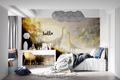 Dinosaur landscape wallpaper creating magic in a modern kids bedroom with soft sunset glow