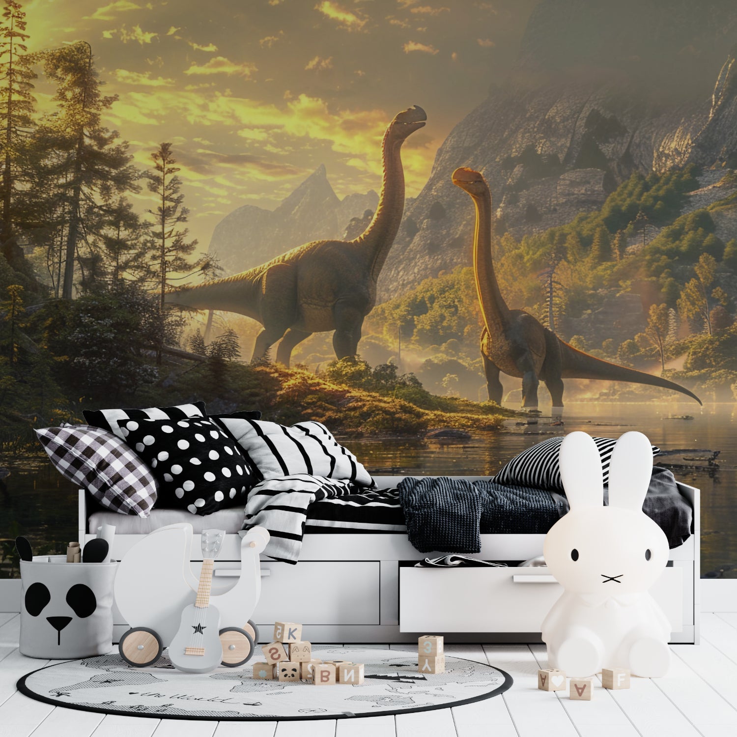 Dinosaur wall mural showcased in a bright home office space