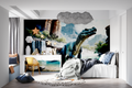 Dinosaur landscape wallpaper bringing prehistoric adventure to a modern kids bedroom with T-Rex and waterfall