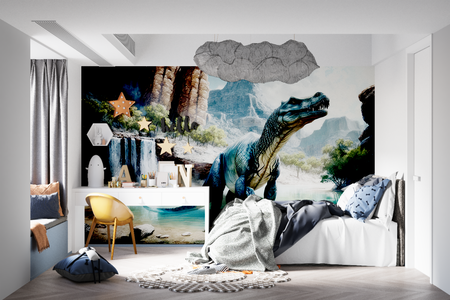 Dinosaur landscape wallpaper bringing prehistoric adventure to a modern kids bedroom with T-Rex and waterfall