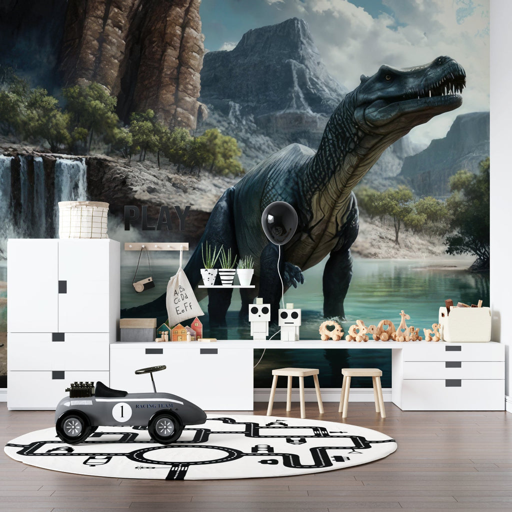 T-Rex wall design in gaming room with dramatic waterfall backdrop