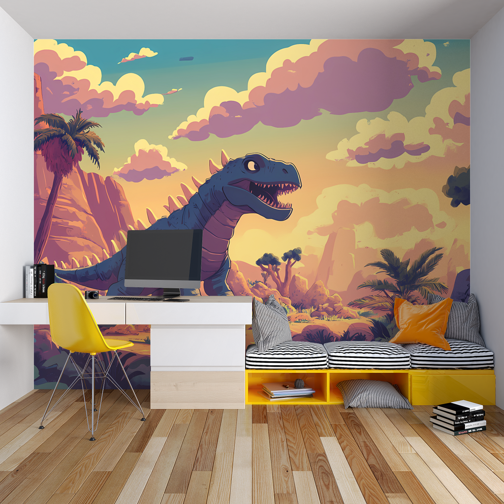 T-Rex wallpaper mural showcased in a playful playroom setting with matching decor