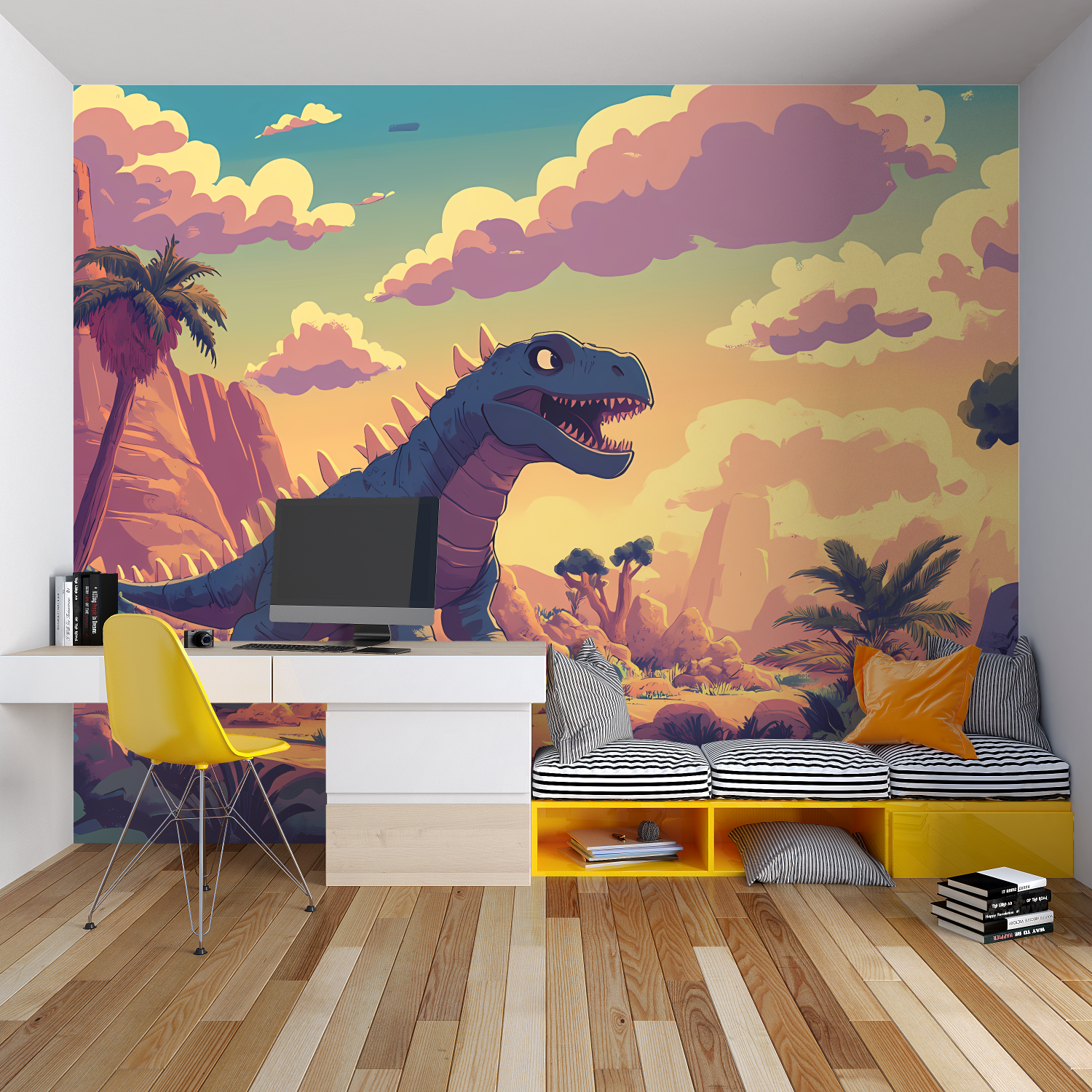 T-Rex wallpaper mural showcased in a playful playroom setting with matching decor