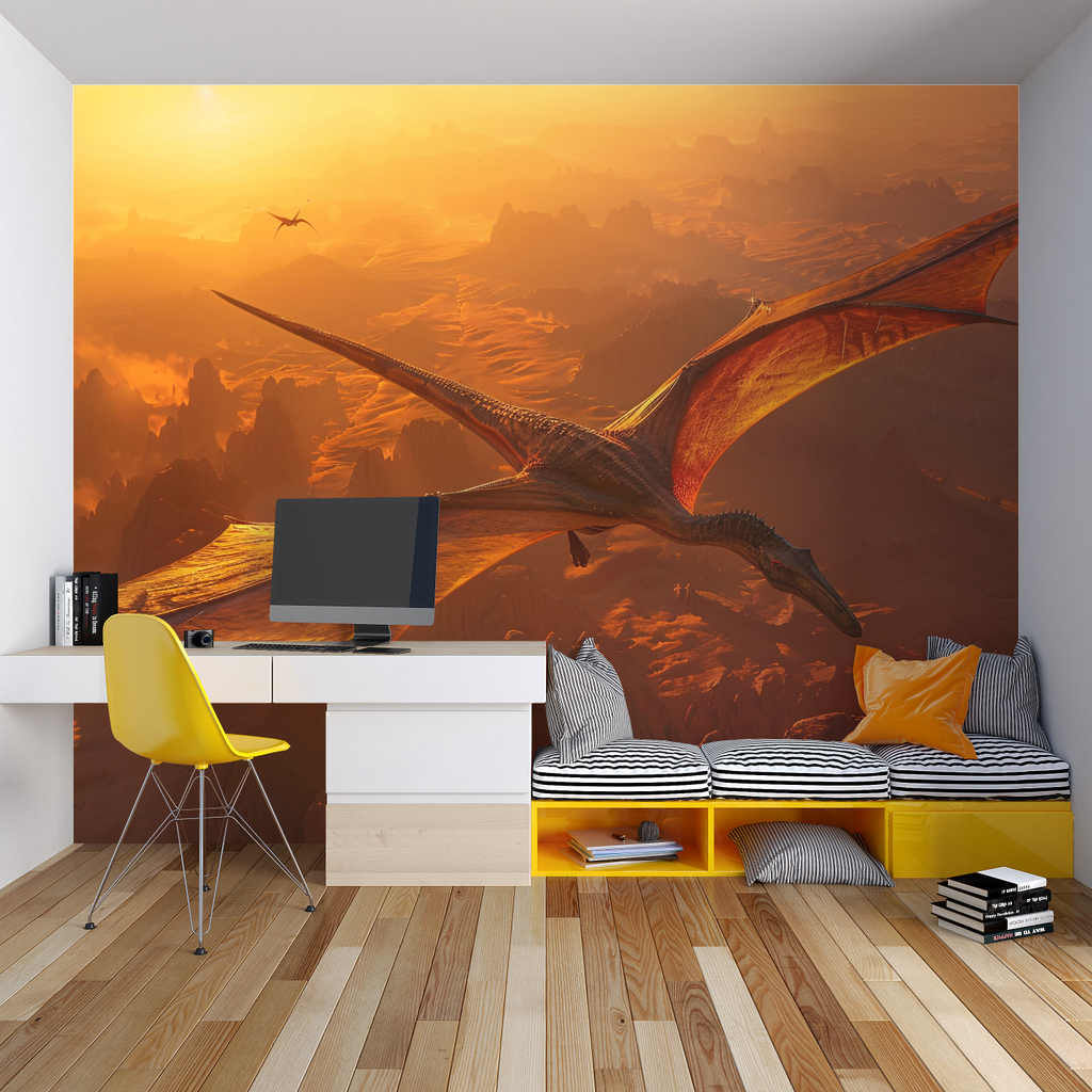 Prehistoric sunset mural bringing adventure feel to gaming room
