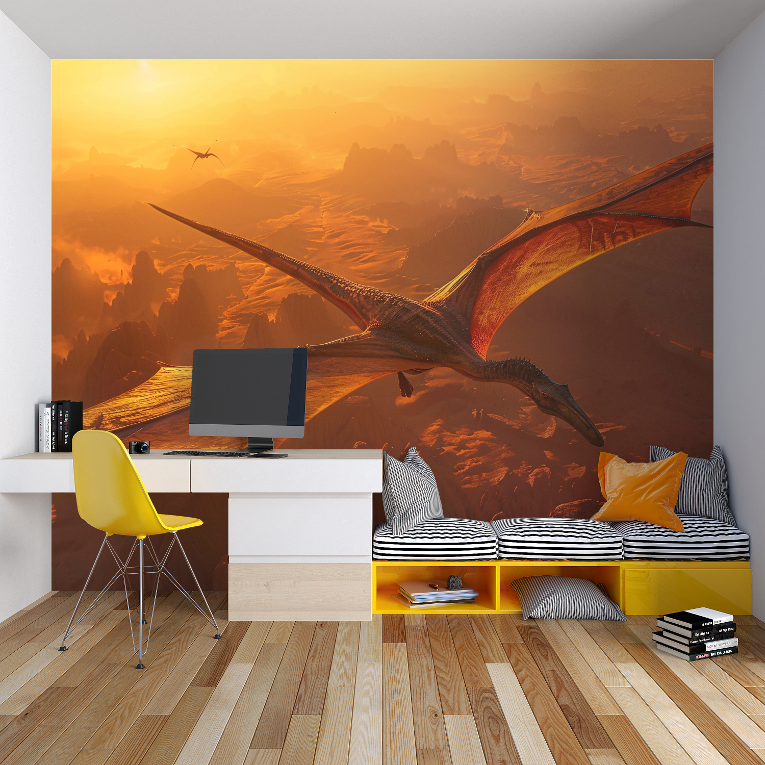 Prehistoric sunset mural bringing adventure feel to gaming room