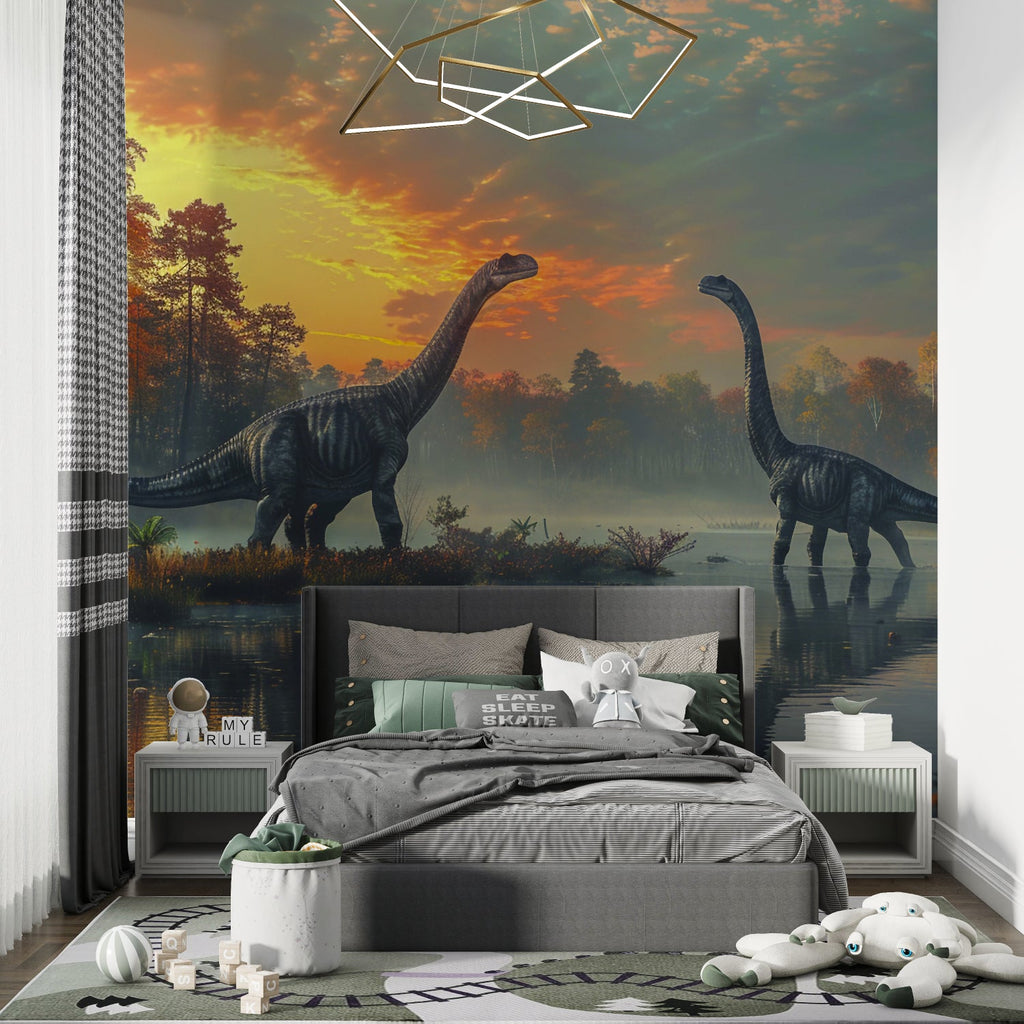 Playroom featuring dinosaur wall mural with dramatic sunset colors and misty atmosphere