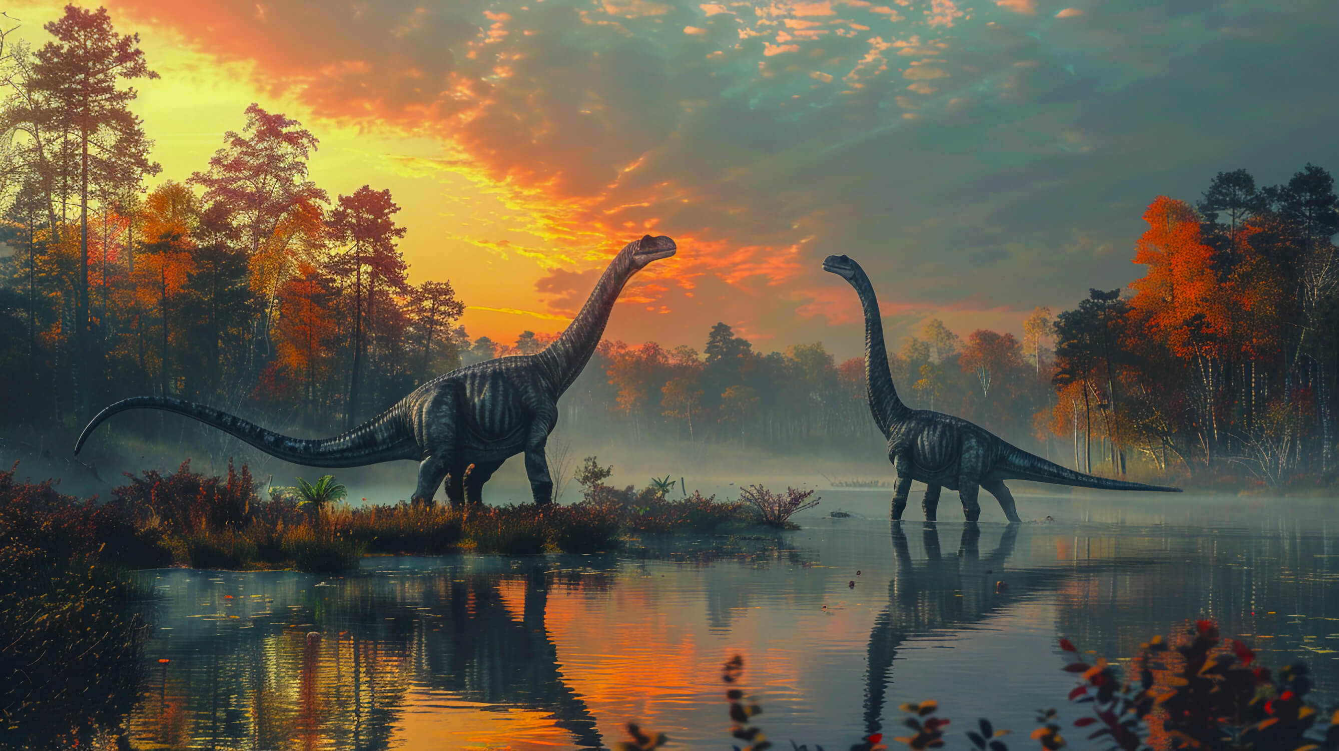 Design file showing complete prehistoric sunset scene with Brachiosaurus silhouettes against golden sky