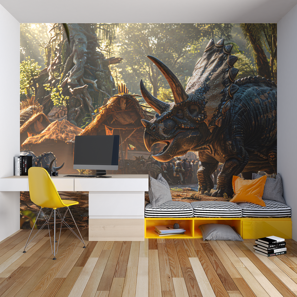Triceratops wall mural adds adventure to nursery with forest background