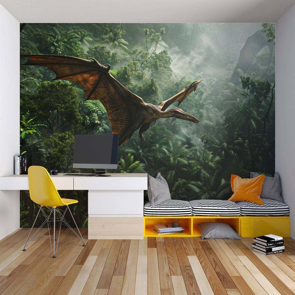Dinosaur wall mural showcased in a playroom with educational toys and green details