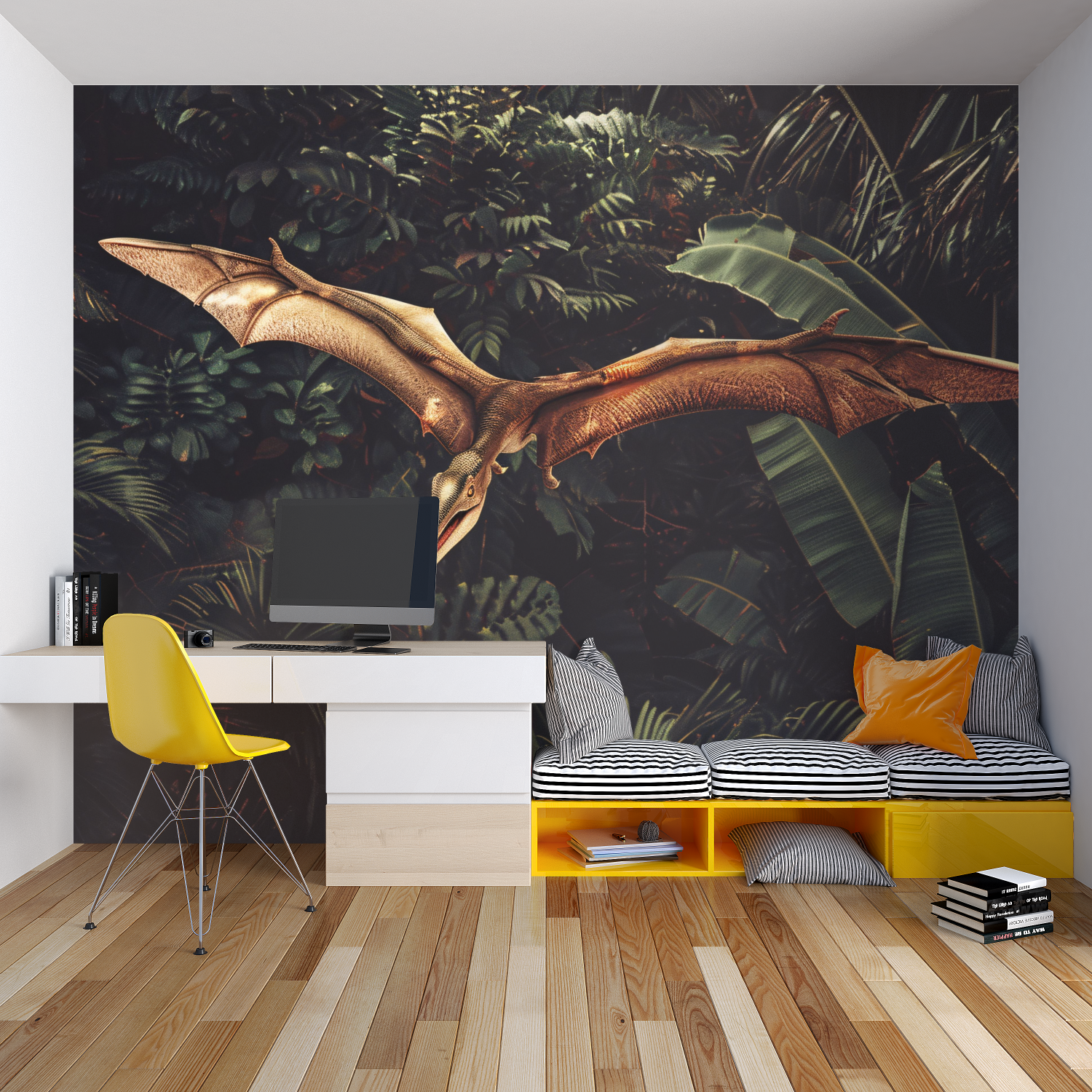Jungle dinosaur mural adding character to a reading nook with warm lighting