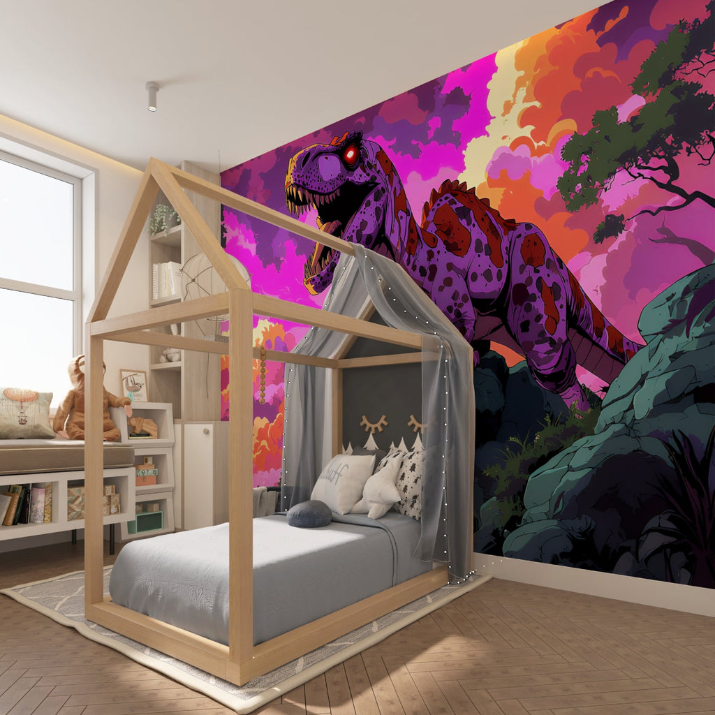 Cyber punk T-Rex mural in entertainment room with purple accent lighting