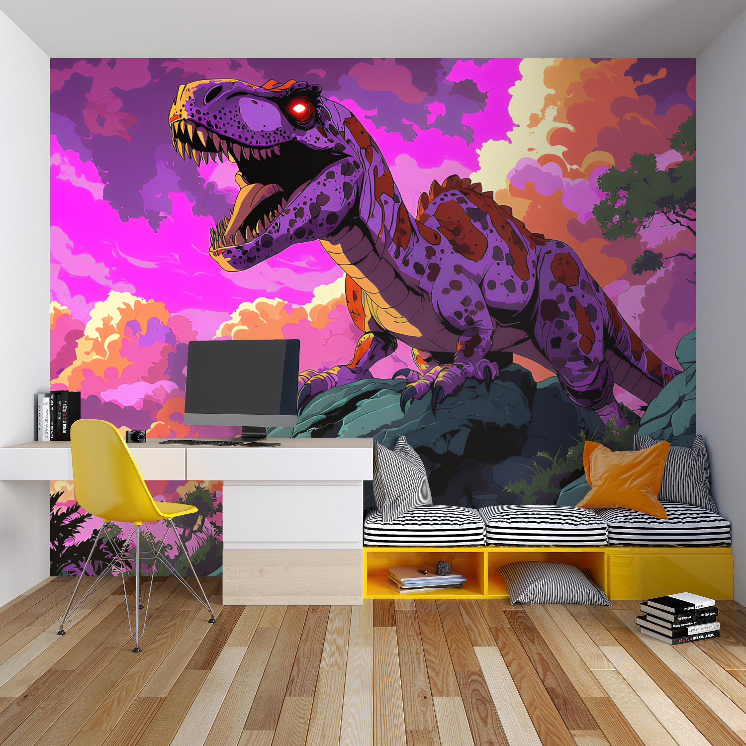 Modern dinosaur wallpaper creating wow factor in kids gaming zone