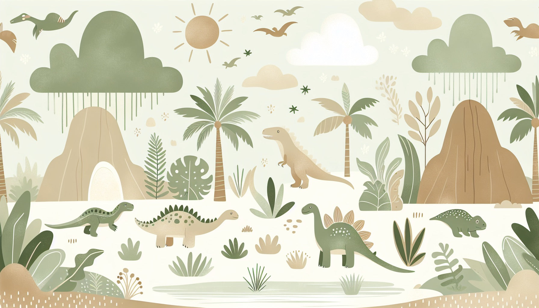 Sage green prehistoric paradise design file showing detailed dinosaur pattern and tropical elements