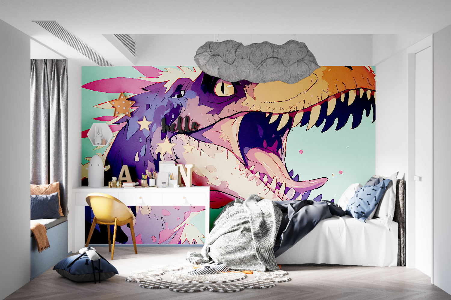 Urban graffiti T-Rex mural bringing cool vibes to kids playroom with contemporary furniture