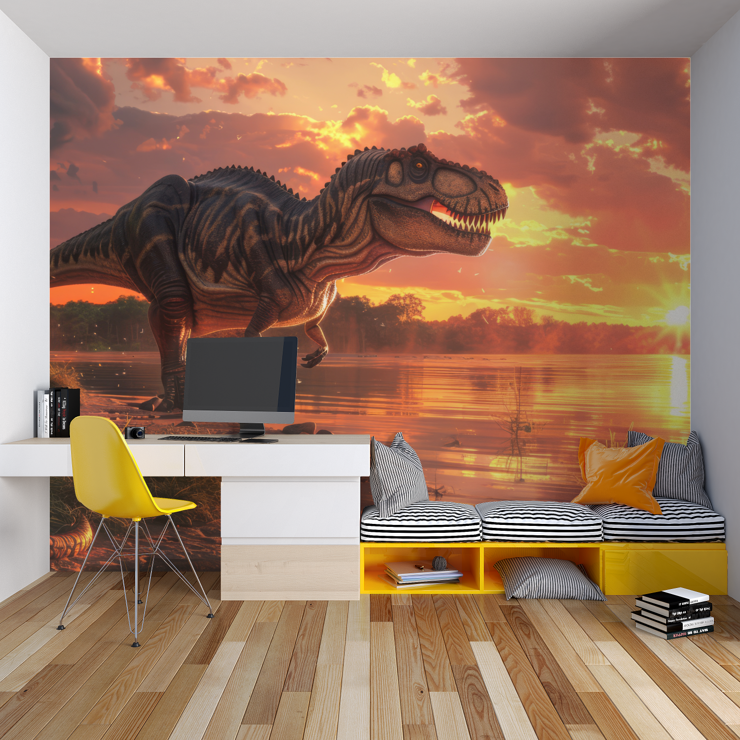 Dinosaur wall mural featuring T-Rex making a statement in a teen's gaming room