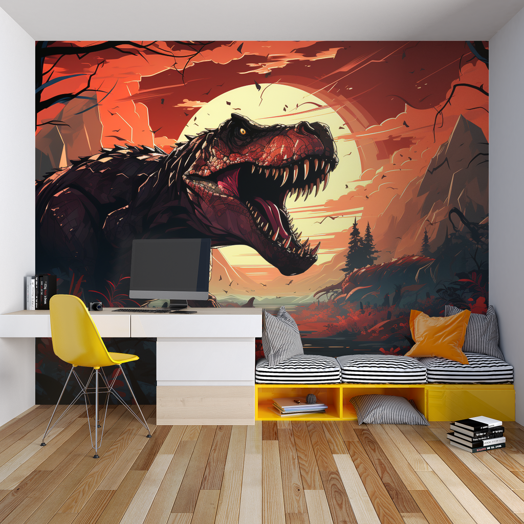 Study room with prehistoric T-Rex wall mural creating inspiring learning environment