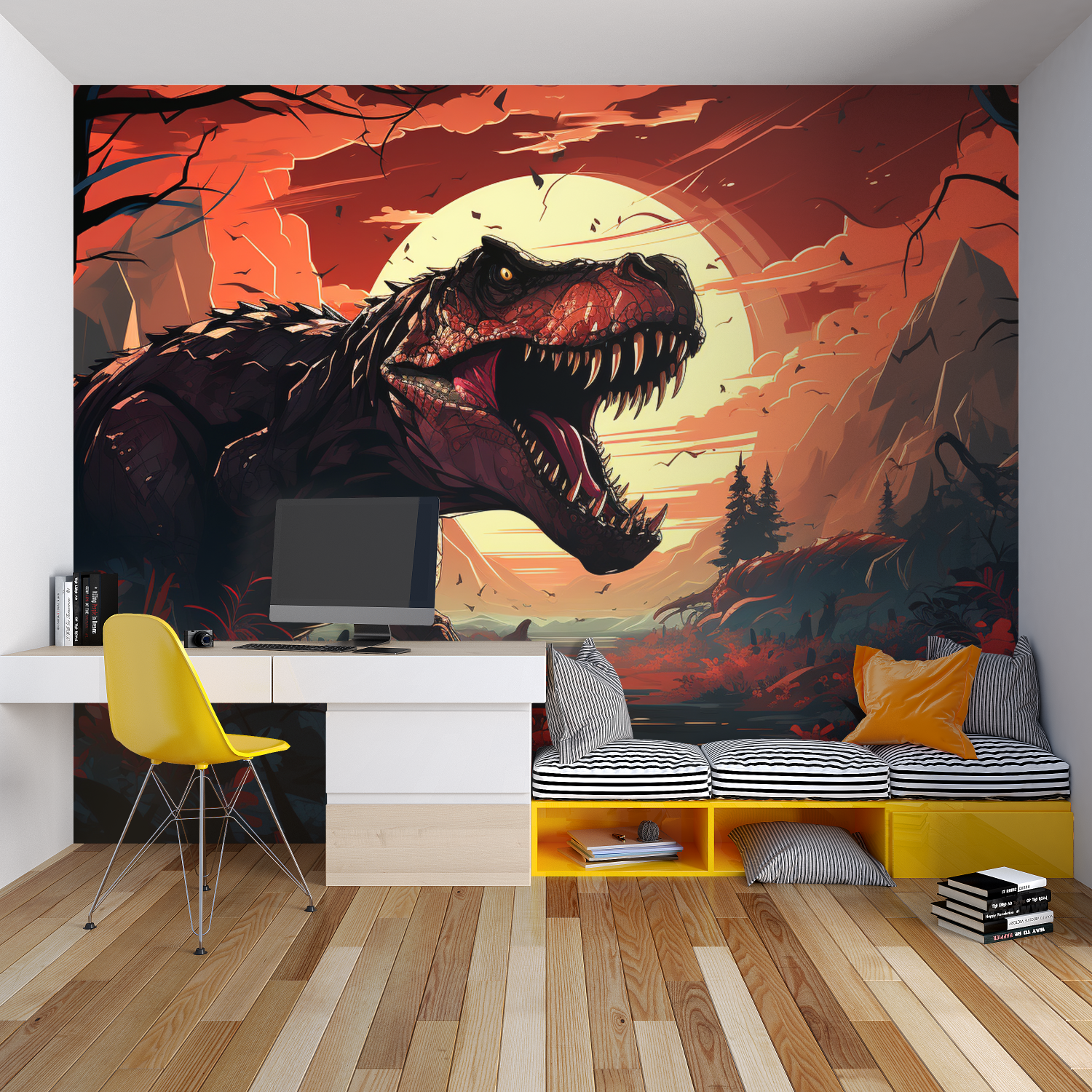 Study room with prehistoric T-Rex wall mural creating inspiring learning environment