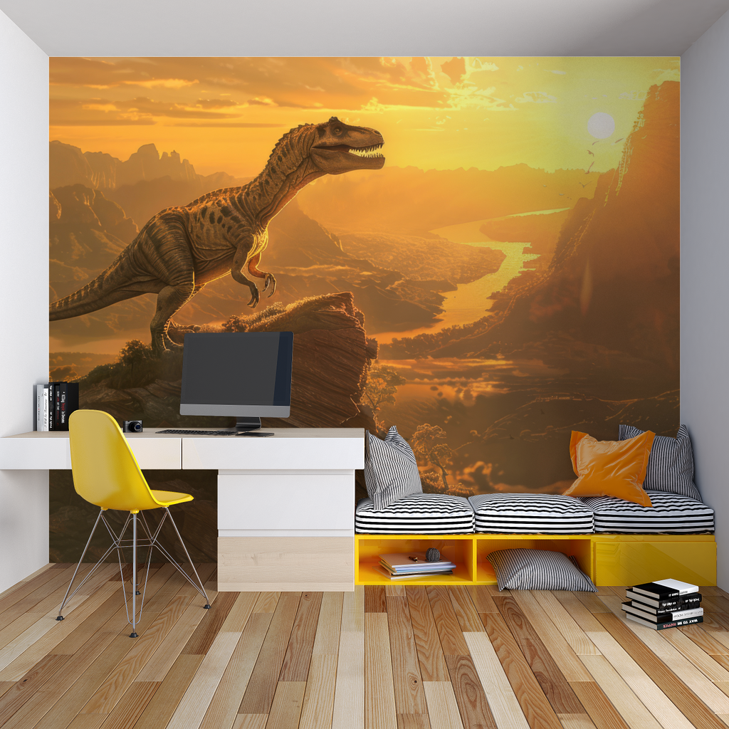 Dinosaur wall mural brings prehistoric adventure to a modern kids bedroom with warm sunset tones